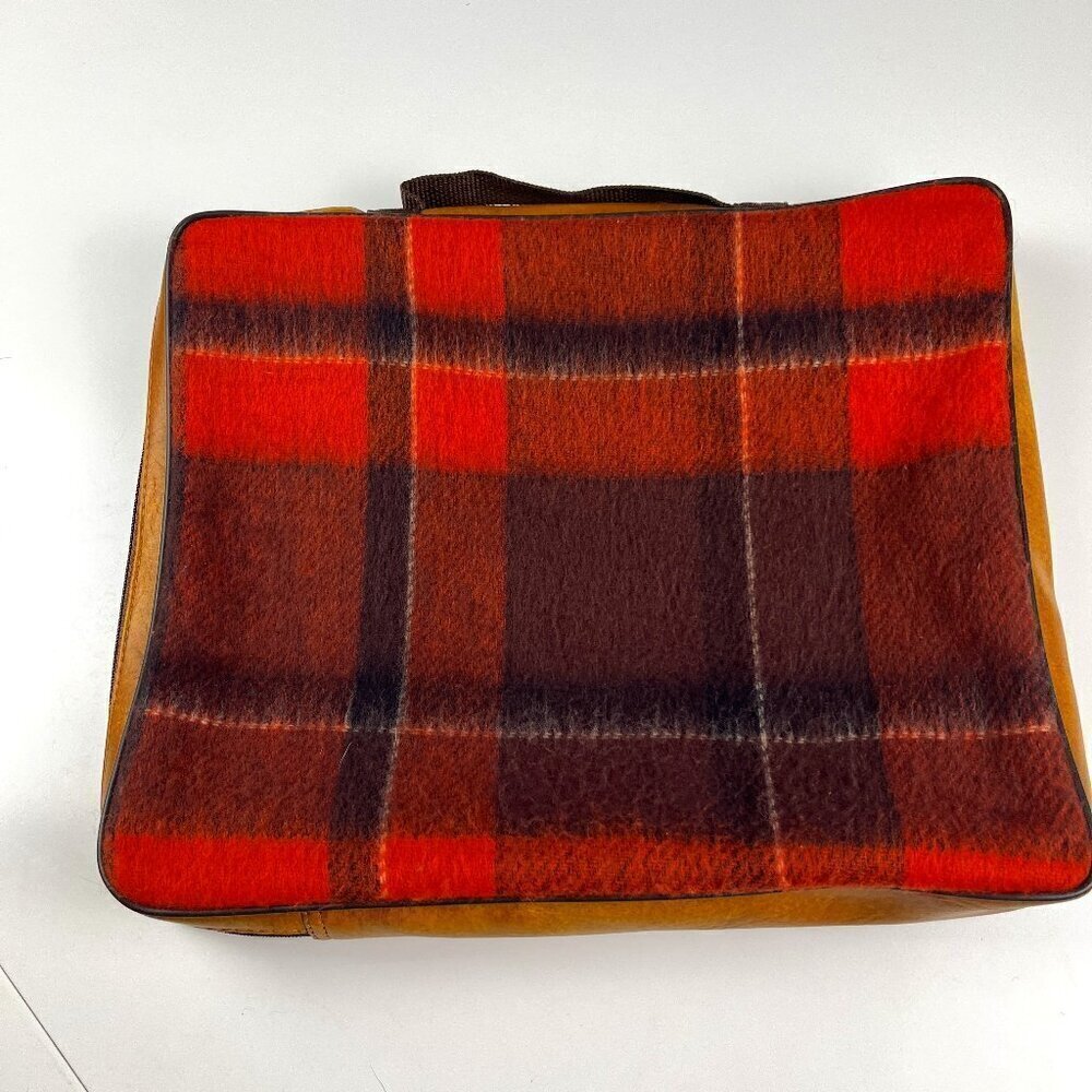 Vintage Seat cushion cover tan and plaided red (laptop pouch)